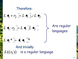 Therefore:

L r1 r2      L r1      L r2

                              Are regular
L r1 r2     L r1 L r2
                              languages

L r1 *     L r1 *
       And trivially
L((r )) is a regular language
    1
                                            49
 