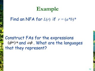 Example
  Find an NFA for L(r) if r = (a*b)*



Construct FAs for the expressions
 ( ) and a . What are the languages
that they represent?



                                       52
 