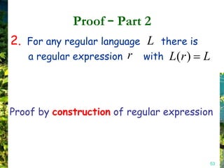 Proof – Part 2
2. For any regular language L there is
   a regular expression r with L( r ) L




Proof by construction of regular expression




                                          53
 