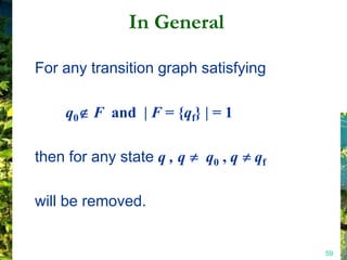 In General

For any transition graph satisfying

    q0 F and | F = {qf} | = 1

then for any state q , q   q0 , q   qf

will be removed.


                                         59
 
