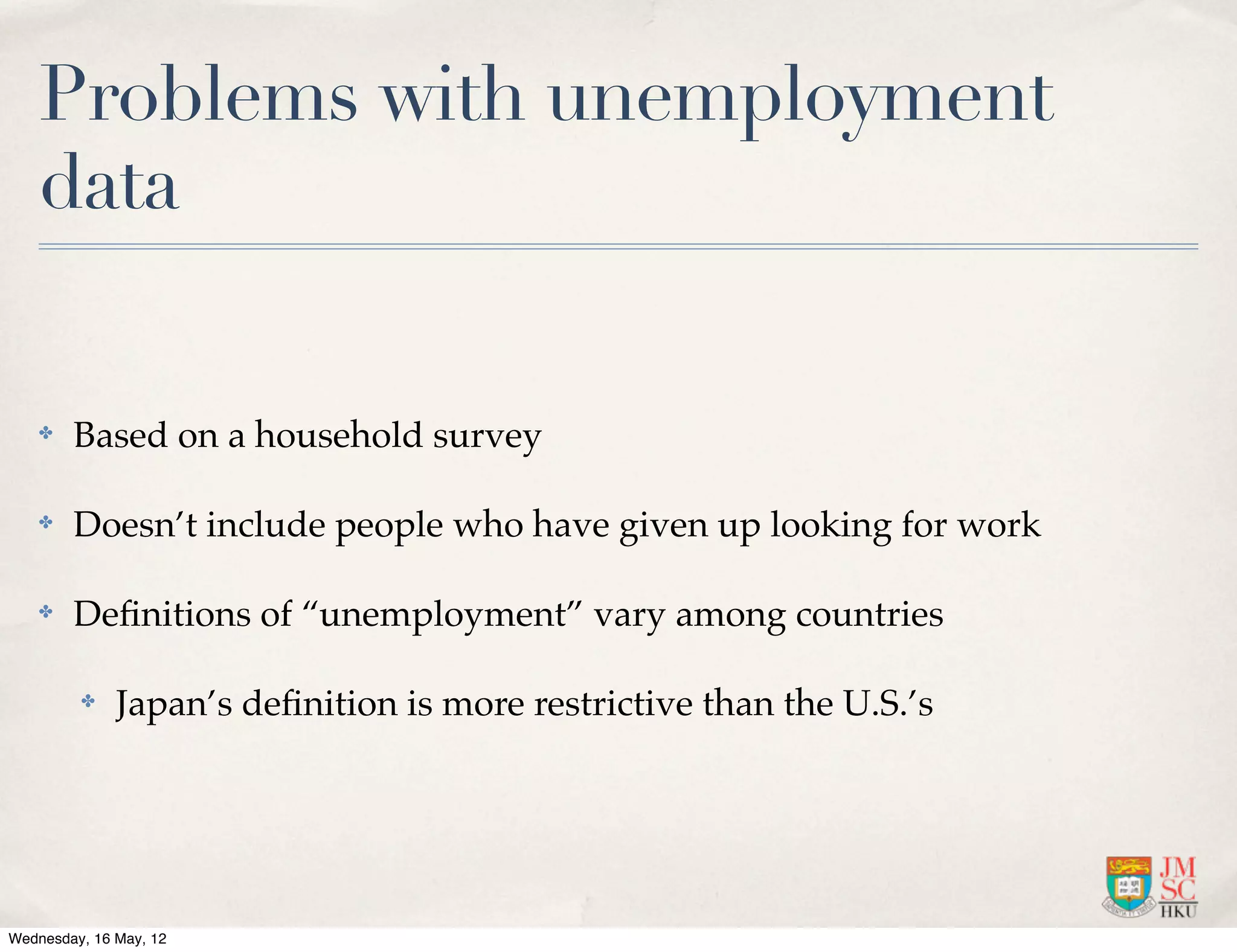 Problems with unemployment
    data

    ✤   Based on a household survey

    ✤   Doesn’t include people who have given up looking for work

    ✤   Deﬁnitions of “unemployment” vary among countries

         ✤    Japan’s deﬁnition is more restrictive than the U.S.’s




Wednesday, 16 May, 12
 