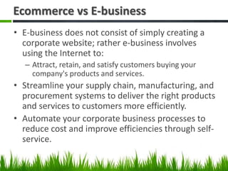 Ecommerce vs E-business
• E-business does not consist of simply creating a
corporate website; rather e-business involves
u...