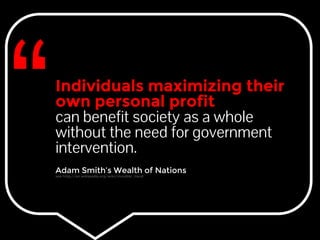 Individuals maximizing their 
own personal profit 
can benefit society as a whole 
without the need for government 
intervention. 
Adam Smith’s Wealth of Nations 
see http://en.wikipedia.org/wiki/Invisible_hand 
 
