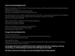 Source Acknowledgements 
Culture, Compliance, and the C-Suite - How Executives, Boards, and Policymakers Can Better Safeguard Against 
Misconduct at the Top 
Michael D. Greenberg, RAND Corporation (2013) 
http://www.rand.org/pubs/conf_proceedings/CF316.html 
How Much do Firms Pay as Bribes and What Benefits do They Get? - Evidence from Corruption Cases Worldwide 
Cheung, Stephen Yan-Leung, Rau, Raghavendra and Stouraitis, Aris, (March 30, 2012). 
http://ssrn.com/abstract=1772246 
Bribes and Firm Value - Evidence from Anti-Bribery Regulation 
Zeume, Stefan (August 18, 2013). 
http://ssrn.com/abstract=2179437 
Report to the Nations on Occupational Fraud and Abuse 
Association of Certified Fraud Examiners (2012) 
http://www.acfe.com/rttn.aspx 
Image Acknowledgements 
Flickr Creative Commons 
Images from Flickr Creative Commons are used under Creative Commons license 
http://www.flickr.com/creativecommons/ 
Microsoft Office Online 
Images from microsoft.com are used with permission from Microsoft; no rights to further license or distribute 
http://office.microsoft.com/en-us/images/ 
All images have been modified from their original version by cropping, resizing, 
recoloring, or reformatting to match the slide layout and style. 
All other sources and images are acknowledged where they appear 
 
