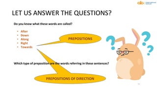 PREPOSITIONS OF DIRECTION
LET US ANSWER THE QUESTIONS?
11
• After
• Down
• Along
• Right
• Towards
PREPOSITIONS
Which type of preposition are the words referring in these sentences?
Do you know what these words are called?
 