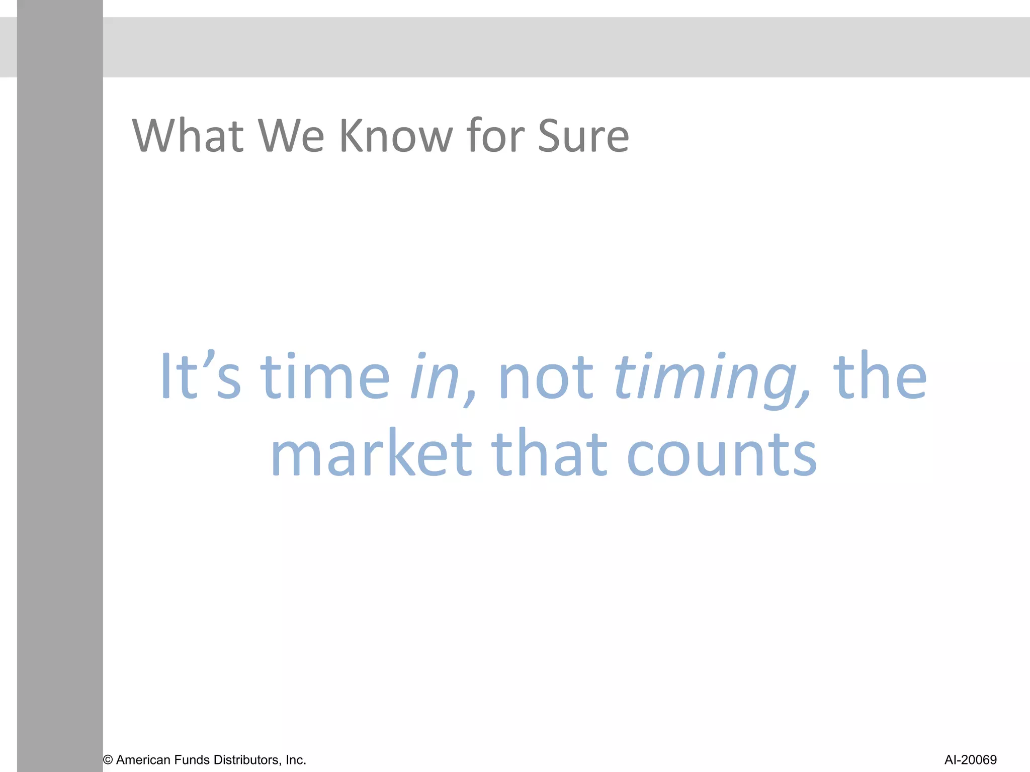 What We Know for Sure
It’s time in, not timing, the
market that counts
© American Funds Distributors, Inc. AI-20069
 