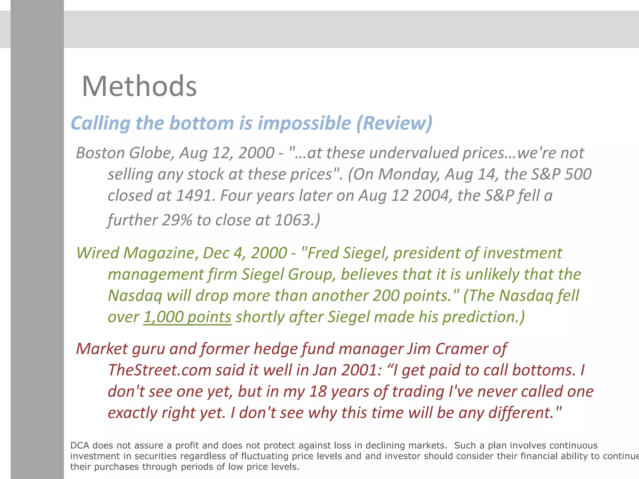 Methods
Calling the bottom is impossible (Review)
Boston Globe, Aug 12, 2000 - "…at these undervalued prices…we're not
selling any stock at these prices". (On Monday, Aug 14, the S&P 500
closed at 1491. Four years later on Aug 12 2004, the S&P fell a
further 29% to close at 1063.)
Wired Magazine, Dec 4, 2000 - "Fred Siegel, president of investment
management firm Siegel Group, believes that it is unlikely that the
Nasdaq will drop more than another 200 points." (The Nasdaq fell
over 1,000 points shortly after Siegel made his prediction.)
Market guru and former hedge fund manager Jim Cramer of
TheStreet.com said it well in Jan 2001: “I get paid to call bottoms. I
don't see one yet, but in my 18 years of trading I've never called one
exactly right yet. I don't see why this time will be any different."
DCA does not assure a profit and does not protect against loss in declining markets. Such a plan involves continuous
investment in securities regardless of fluctuating price levels and and investor should consider their financial ability to continue
their purchases through periods of low price levels.
 