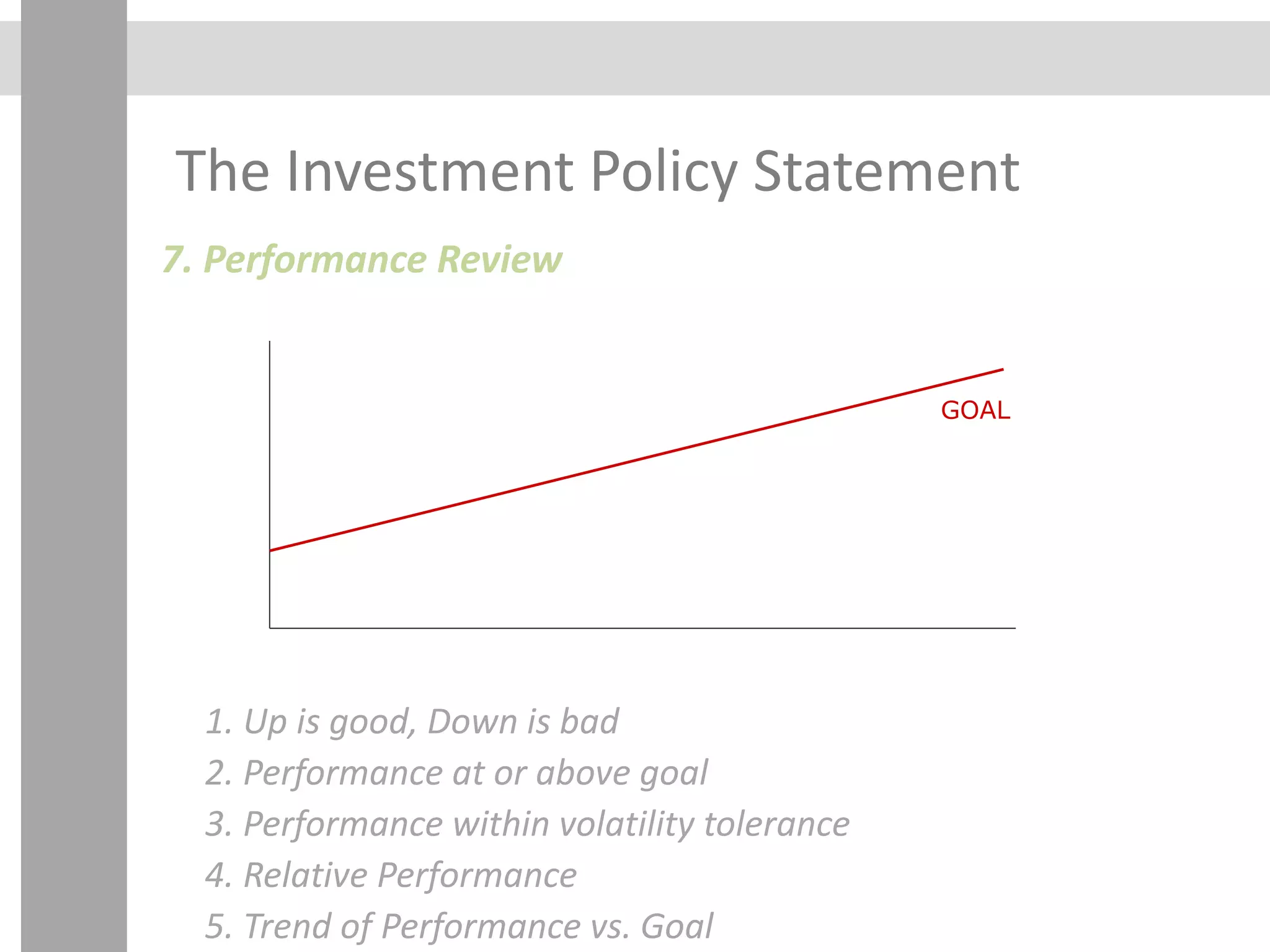 The Investment Policy Statement
7. Performance Review
1. Up is good, Down is bad
2. Performance at or above goal
3. Performance within volatility tolerance
4. Relative Performance
5. Trend of Performance vs. Goal
 