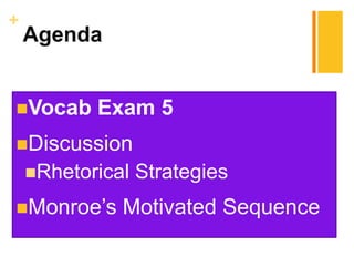 +
    Agenda


Vocab     Exam 5
Discussion
    Rhetorical   Strategies
Monroe‟s     Motivated Sequence
 