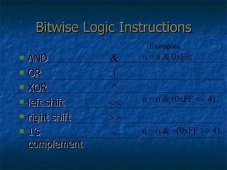 Bitwise Logic Instructions AND OR XOR left shift right shift 1’s complement & | ^ << >> ~ n = n & 0xF0; n = n & (0xFF << 4) n = n & ~(0xFF >> 4) Examples: 
