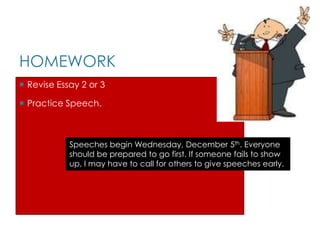 HOMEWORK
 Revise Essay 2 or 3

 Practice Speech.



            Speeches begin Wednesday, December 5th. Everyone
            should be prepared to go first. If someone fails to show
            up, I may have to call for others to give speeches early.
 