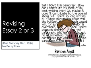 Revising
Essay 2 or 3

(Due Monday Dec. 10th)
No Exceptions
 