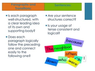 Paragraphs and               Sentences:
     Transitions:

 Is each paragraph        Are your sentence
  well-structured, with     structures correct?
  a clear leading idea
  of its own and           Is your usage of
  supporting body?          tense consistent and
                            logical?
 Does each
  paragraph logically
  follow the preceding
  one and connect
  easily to the
  following one?
 