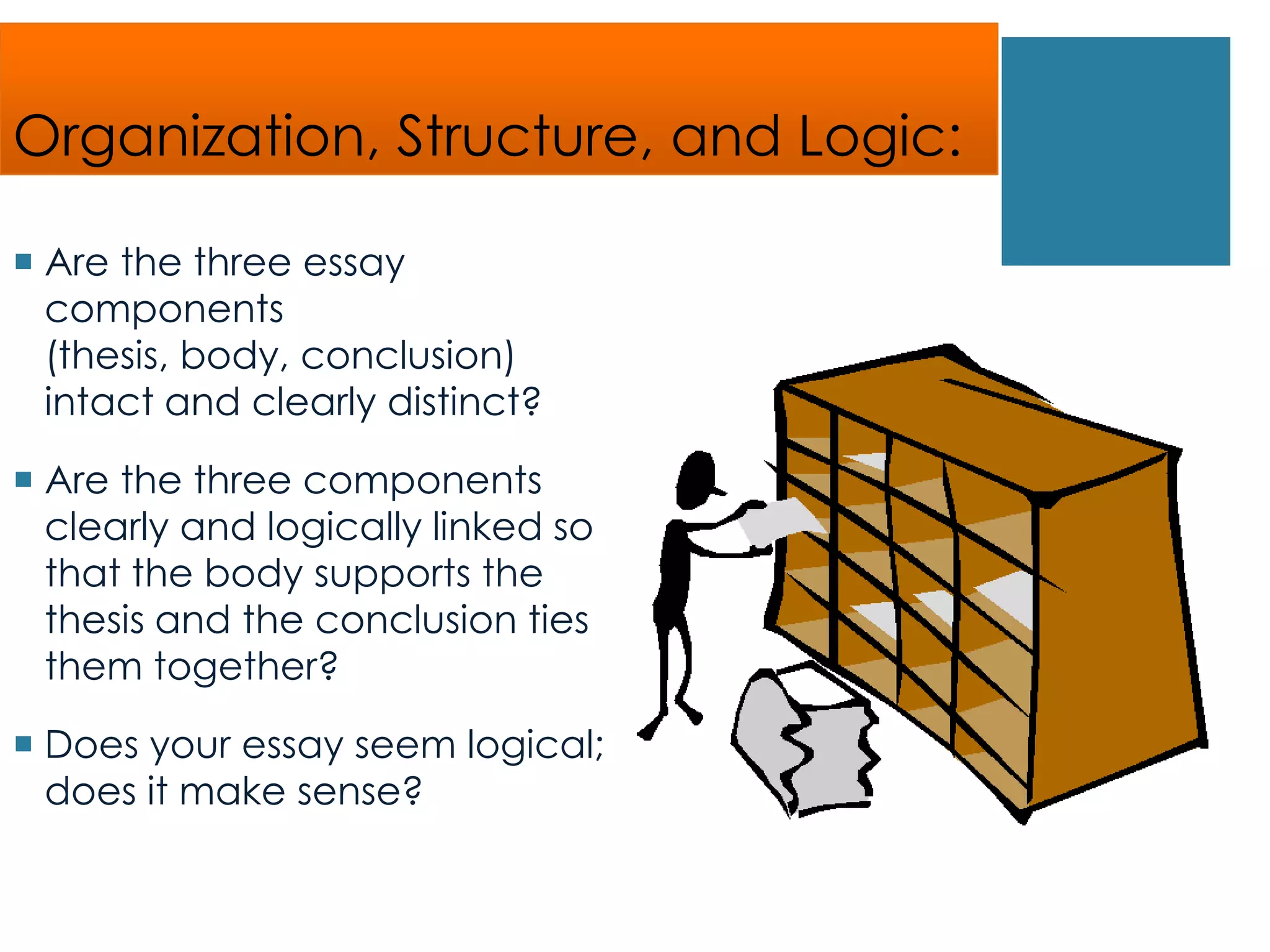 Organization, Structure, and Logic:
 Are the three essay
components
(thesis, body, conclusion)
intact and clearly distinct?
 Are the three components
clearly and logically linked so
that the body supports the
thesis and the conclusion ties
them together?
 Does your essay seem logical;
does it make sense?
 