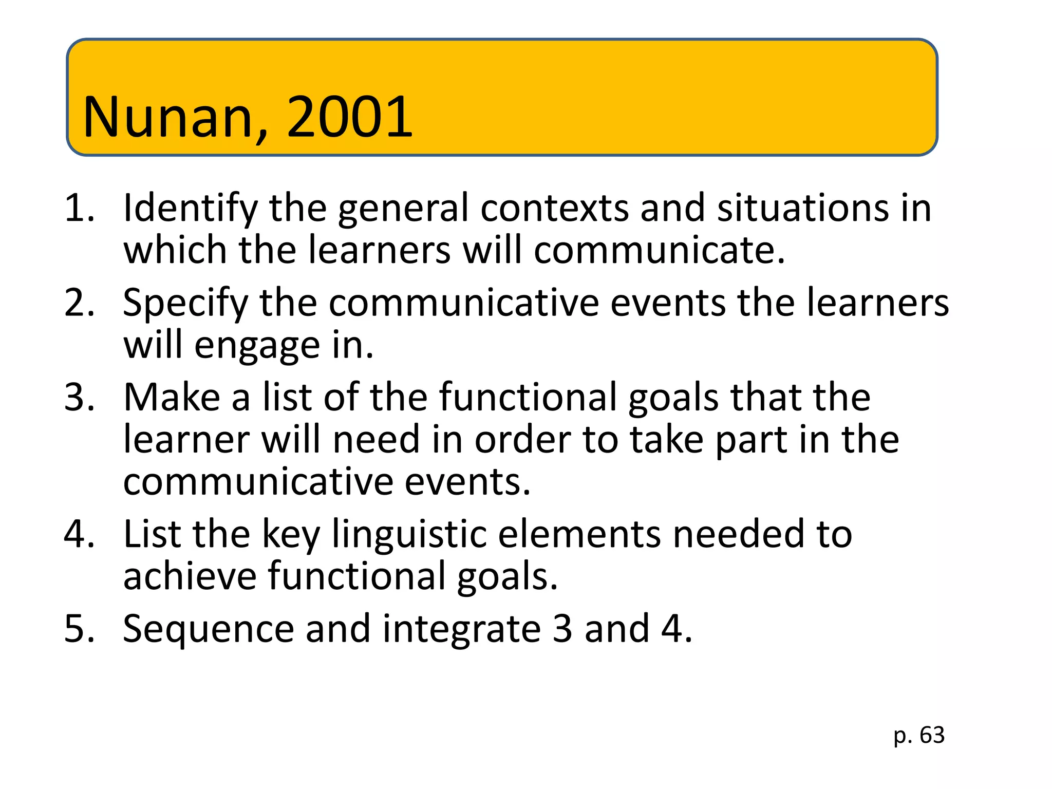 1. Identify the general contexts and situations in
which the learners will communicate.
2. Specify the communicative events the learners
will engage in.
3. Make a list of the functional goals that the
learner will need in order to take part in the
communicative events.
4. List the key linguistic elements needed to
achieve functional goals.
5. Sequence and integrate 3 and 4.
Nunan, 2001
p. 63
 