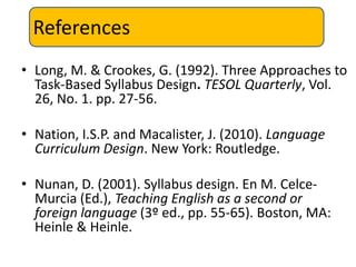 References
• Long, M. & Crookes, G. (1992). Three Approaches to
Task-Based Syllabus Design. TESOL Quarterly, Vol.
26, No. 1. pp. 27-56.
• Nation, I.S.P. and Macalister, J. (2010). Language
Curriculum Design. New York: Routledge.
• Nunan, D. (2001). Syllabus design. En M. Celce-
Murcia (Ed.), Teaching English as a second or
foreign language (3º ed., pp. 55-65). Boston, MA:
Heinle & Heinle.
 