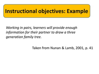 Instructional objectives: Example

Working in pairs, learners will provide enough
information for their partner to draw a three
generation family tree.

                Taken from Nunan & Lamb, 2001, p. 41
 