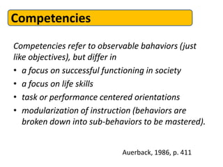 Competencies
Competencies refer to observable bahaviors (just
like objectives), but differ in
• a focus on successful functioning in society
• a focus on life skills
• task or performance centered orientations
• modularization of instruction (behaviors are
   broken down into sub-behaviors to be mastered).


                            Auerback, 1986, p. 411
 