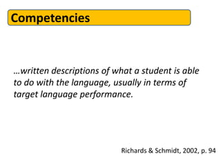 Competencies


…written descriptions of what a student is able
to do with the language, usually in terms of
target language performance.




                           Richards & Schmidt, 2002, p. 94
 