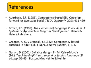 References
• Auerback, E.R. (1986). Competency-based ESL: One step
  forward or two steps back? TESOL Quarterly, 20,3: 411-429

• Brown, J.D. (1995). The elements of Language Curriculum: A
  Systematic Approach to Program Development. Heinle &
  Heinle Publishers.

• Grognet, A. G. y Crandall, J. (1982). Competency-based
  curricula in adult ESL. ERIC/CLL News Bulletin, 6, 3-4.

• Nunan, D. (2001). Syllabus design. En M. Celce-Murcia
  (Ed.), Teaching English as a second or foreign language (3º
  ed., pp. 55-65). Boston, MA: Heinle & Heinle.
 