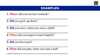 Agregar un pie de página 18
1. Where did you eat last weekend ?
__________________________________________
2. Did you grow up there?
__________________________________________
3. Did you move when you were a child?
__________________________________________
4. When did you begin to learn English?
__________________________________________
5. Did you have pets?
__________________________________________
6. What did you play when you were a kid?
__________________________________________
x
EXAMPLES:
 