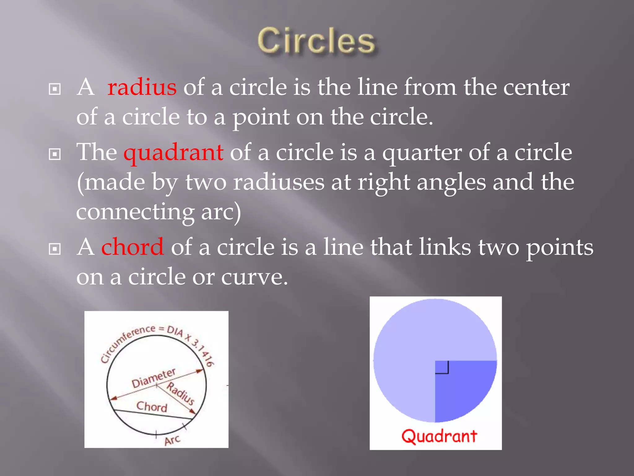    A radius of a circle is the line from the center
    of a circle to a point on the circle.
   The quadrant of a circle is a quarter of a circle
    (made by two radiuses at right angles and the
    connecting arc)
   A chord of a circle is a line that links two points
    on a circle or curve.
 