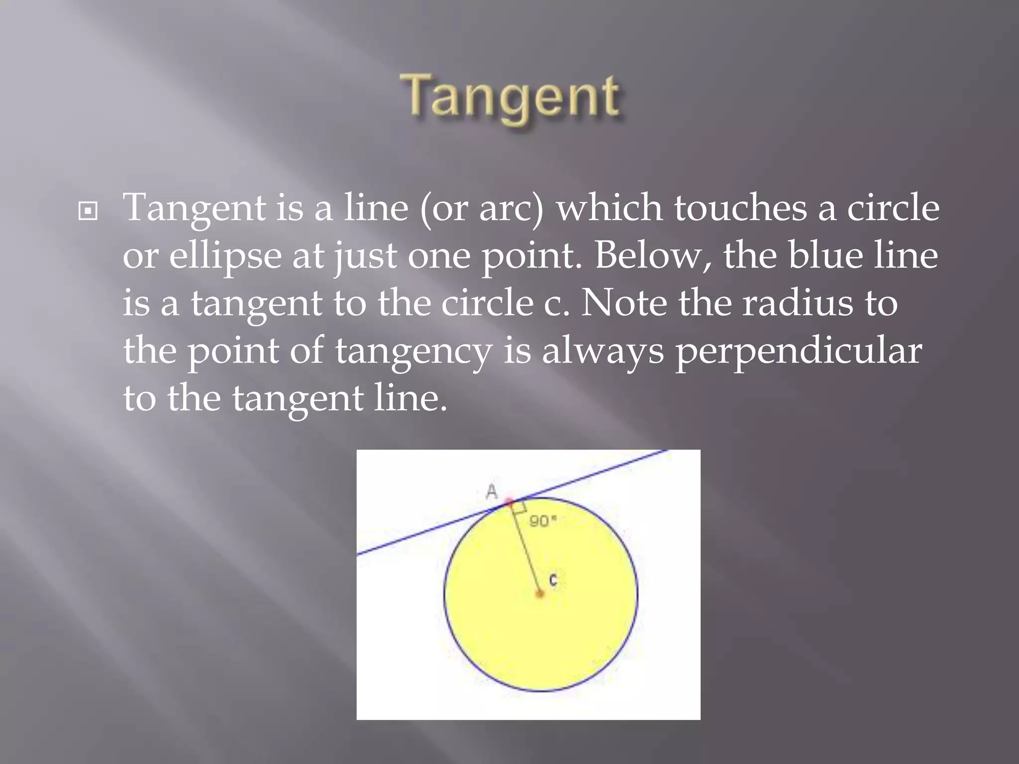    Tangent is a line (or arc) which touches a circle
    or ellipse at just one point. Below, the blue line
    is a tangent to the circle c. Note the radius to
    the point of tangency is always perpendicular
    to the tangent line.
 