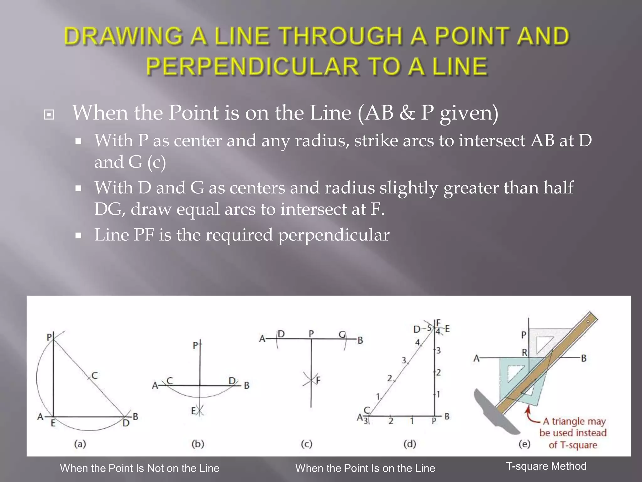     When the Point is on the Line (AB & P given)
          With P as center and any radius, strike arcs to intersect AB at D
           and G (c)
          With D and G as centers and radius slightly greater than half
           DG, draw equal arcs to intersect at F.
          Line PF is the required perpendicular




    When the Point Is Not on the Line   When the Point Is on the Line   T-square Method
 