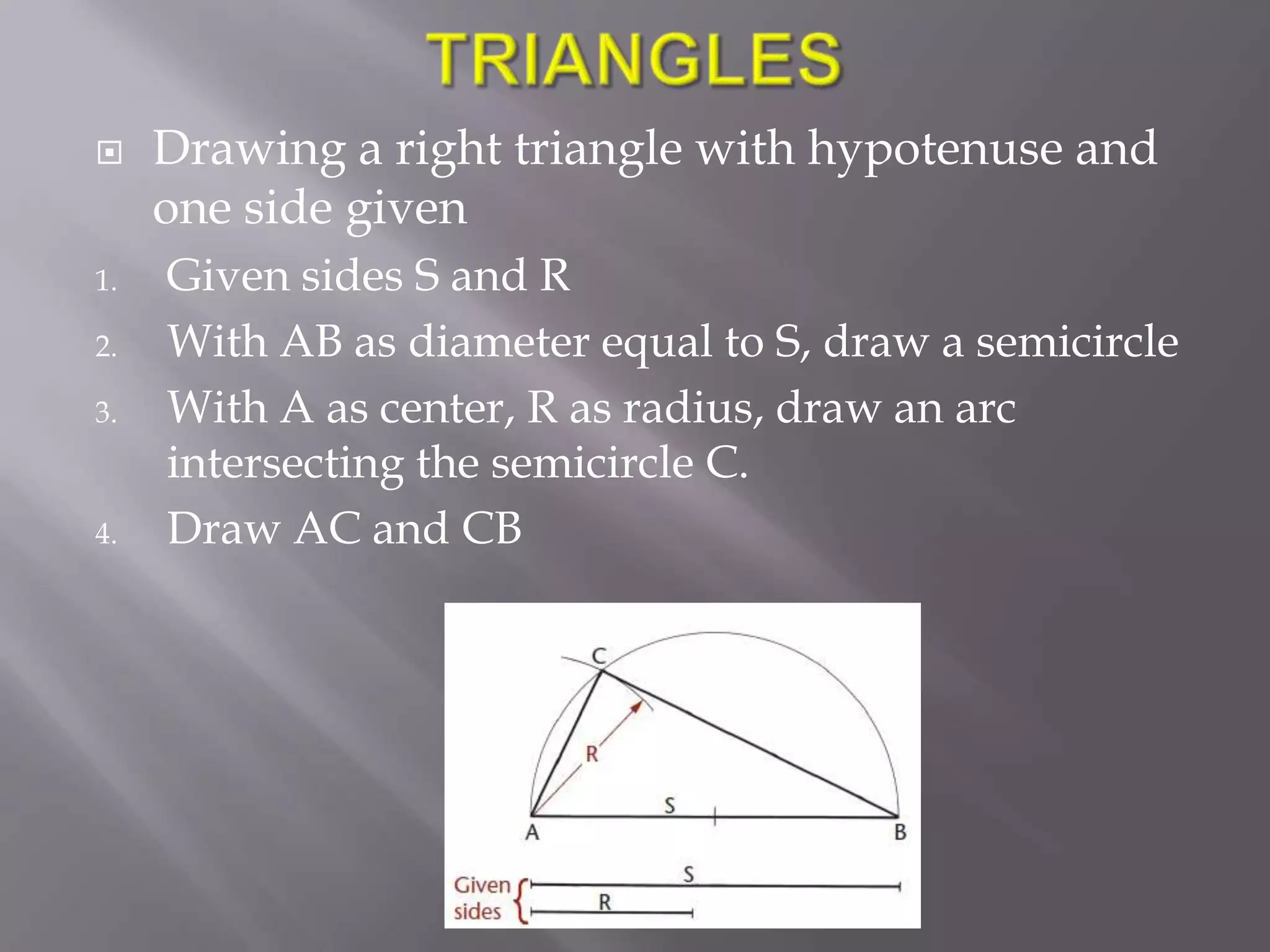     Drawing a right triangle with hypotenuse and
     one side given
1.   Given sides S and R
2.   With AB as diameter equal to S, draw a semicircle
3.   With A as center, R as radius, draw an arc
     intersecting the semicircle C.
4.   Draw AC and CB
 