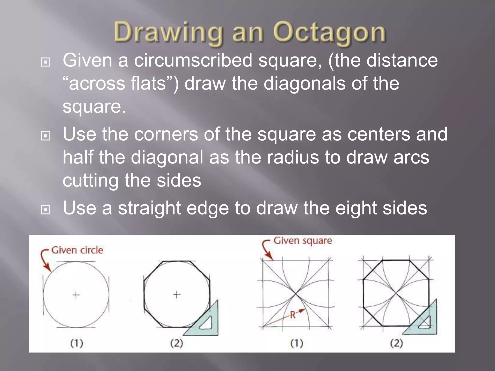    Given a circumscribed square, (the distance
    “across flats”) draw the diagonals of the
    square.
   Use the corners of the square as centers and
    half the diagonal as the radius to draw arcs
    cutting the sides
   Use a straight edge to draw the eight sides
 