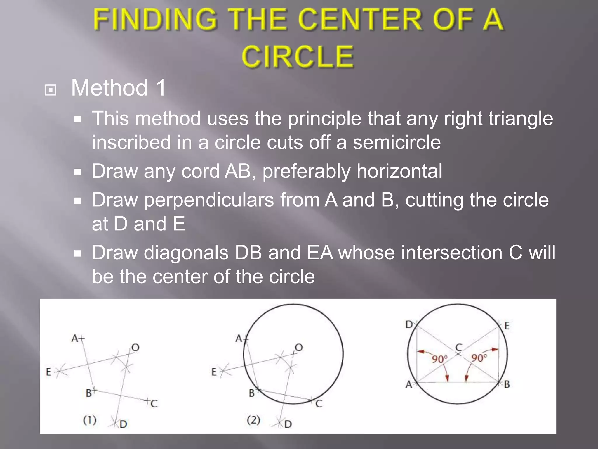    Method 1
       This method uses the principle that any right triangle
        inscribed in a circle cuts off a semicircle
       Draw any cord AB, preferably horizontal
       Draw perpendiculars from A and B, cutting the circle
        at D and E
       Draw diagonals DB and EA whose intersection C will
        be the center of the circle
 