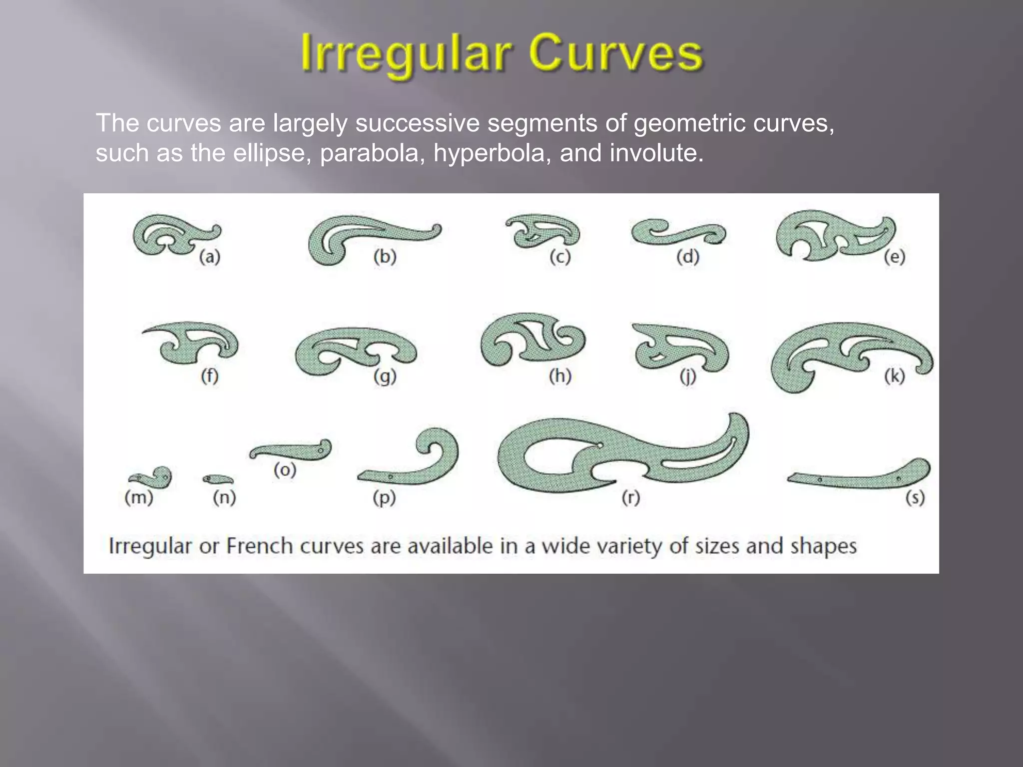 The curves are largely successive segments of geometric curves,
such as the ellipse, parabola, hyperbola, and involute.
 