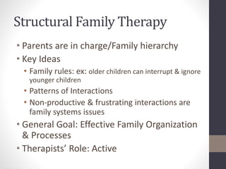 Structural Family Therapy 
• Parents are in charge/Family hierarchy 
• Key Ideas 
• Family rules: ex: older children can interrupt & ignore 
younger children 
• Patterns of Interactions 
• Non-productive & frustrating interactions are 
family systems issues 
• General Goal: Effective Family Organization 
& Processes 
• Therapists’ Role: Active 
 