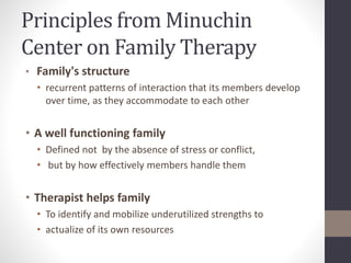 Principles from Minuchin 
Center on Family Therapy 
• Family's structure 
• recurrent patterns of interaction that its members develop 
over time, as they accommodate to each other 
• A well functioning family 
• Defined not by the absence of stress or conflict, 
• but by how effectively members handle them 
• Therapist helps family 
• To identify and mobilize underutilized strengths to 
• actualize of its own resources 
 