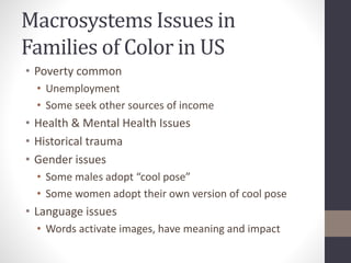 Macrosystems Issues in 
Families of Color in US 
• Poverty common 
• Unemployment 
• Some seek other sources of income 
• Health & Mental Health Issues 
• Historical trauma 
• Gender issues 
• Some males adopt “cool pose” 
• Some women adopt their own version of cool pose 
• Language issues 
• Words activate images, have meaning and impact 
 