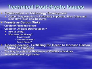 Technical Post-Kyoto Issues
 Collaboration on Technology Development
    Carbon Sequestration is Particularly Important, Since China and
     India Have Huge Coal Reserves
 Forests as Carbon Sinks
– Credit for Planting Forests
– Credit for ‘Avoided Deforestation’?
      How to Verify?
      Who Gets the Money?
           – Government?
           – Concessionaires?
           – Forest People?
 ‘Geoengineering’: Fertilizing the Ocean to Increase Carbon
  Capture by Plankton
– This May be within the Resources of Wealthy Individuals
– An International Legal Limbo
 