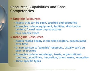 ©2011 Cengage Learning. All Rights Reserved. May not be scanned, copied or duplicated, or posted to a publicly accessible website, in whole or in part.
Resources, Capabilities and Core
Competencies
• Tangible Resources
– Assets that can be seen, touched and quantified
– Examples include equipment, facilities, distribution
centers, formal reporting structures
– Four specific types
• Intangible Resources
– Assets rooted deeply in the firm’s history, accumulated
over time
– In comparison to ‘tangible’ resources, usually can’t be
seen or touched
– Examples include knowledge, trusts, organizational
routines, capabilities, innovation, brand name, reputation
– Three specific types
 