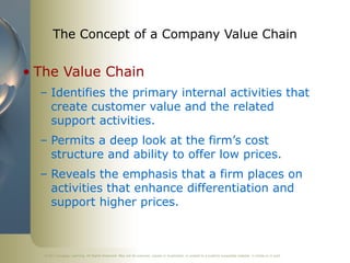 ©2011 Cengage Learning. All Rights Reserved. May not be scanned, copied or duplicated, or posted to a publicly accessible website, in whole or in part.
The Concept of a Company Value Chain
• The Value Chain
– Identifies the primary internal activities that
create customer value and the related
support activities.
– Permits a deep look at the firm’s cost
structure and ability to offer low prices.
– Reveals the emphasis that a firm places on
activities that enhance differentiation and
support higher prices.
 