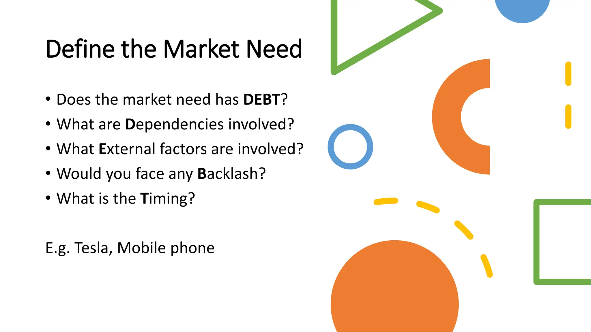 Define the Market Need
• Does the market need has DEBT?
• What are Dependencies involved?
• What External factors are involved?
• Would you face any Backlash?
• What is the Timing?
E.g. Tesla, Mobile phone
 