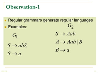 Observation-1

           Regular grammars generate regular languages
           Examples:                    G2
                G1                  S    Aab
                                    A    Aab | B
            S        abS
                                    B    a
            S        a


2008 Fall                                                 13
 