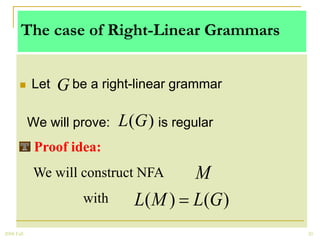 The case of Right-Linear Grammars


           Let   G be a right-linear grammar

            We will prove:   L(G ) is regular
             Proof idea:
             We will construct NFA    M
                      with     L( M ) L(G )
2008 Fall                                       20
 