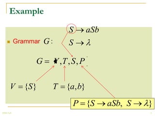Example

                                S         aSb
           Grammar   G:        S

                 G         V ,T , S , P

       V      {S }         T   {a, b}
                                  P {S          aSb, S   }
2008 Fall                                                3
 
