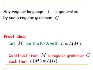 Any regular language L is generated
   by some regular grammar G



    Proof idea:
            Let   M be the NFA with L   L(M ).

            Construct from M a regular grammar   G
            such that L ( M ) L (G )
2008 Fall                                        39
 