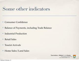 Some other indicators

    ✤    Consumer Conﬁdence

    ✤    Balance of Payments, including Trade Balance

    ✤    Industrial Production

    ✤    Retail Sales

    ✤    Tourist Arrivals

    ✤    Home Sales/Land Sales


Monday, 20 February, 12
 