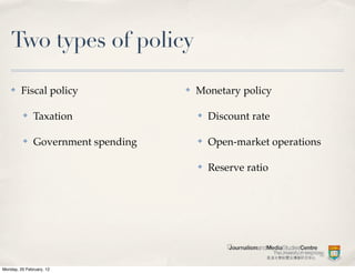 Two types of policy

    ✤    Fiscal policy               ✤   Monetary policy

          ✤    Taxation                  ✤   Discount rate

          ✤    Government spending       ✤   Open-market operations

                                         ✤   Reserve ratio




Monday, 20 February, 12
 