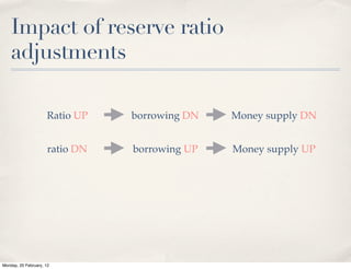 Impact of reserve ratio
    adjustments

                     Ratio UP    borrowing DN   Money supply DN


                      ratio DN   borrowing UP   Money supply UP




Monday, 20 February, 12
 