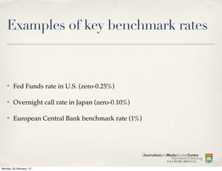Examples of key benchmark rates



    ✤    Fed Funds rate in U.S. (zero-0.25%)

    ✤    Overnight call rate in Japan (zero-0.10%)

    ✤    European Central Bank benchmark rate (1%)




Monday, 20 February, 12
 