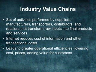 Industry Value Chains
• Set of activities performed by suppliers,
manufacturers, transporters, distributors, and
retailers that transform raw inputs into final products
and services
• Internet reduces cost of information and other
transactional costs
• Leads to greater operational efficiencies, lowering
cost, prices, adding value for customers
 