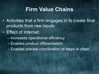 Firm Value Chains
• Activities that a firm engages in to create final
products from raw inputs
• Effect of Internet:
– Increases operational efficiency
– Enables product differentiation
– Enables precise coordination of steps in chain
 