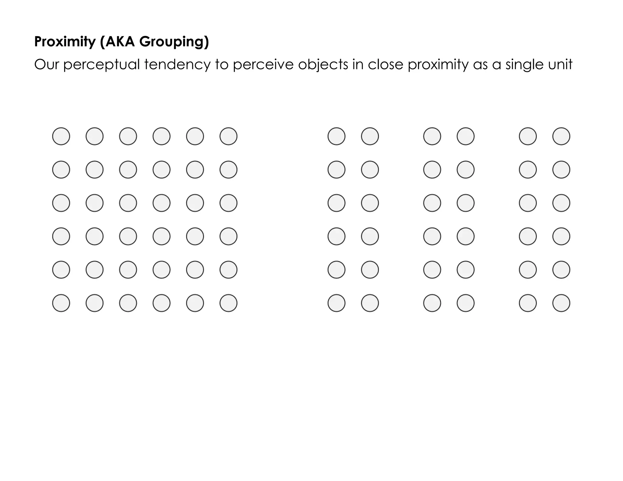 Proximity (AKA Grouping)
Our perceptual tendency to perceive objects in close proximity as a single unit
 